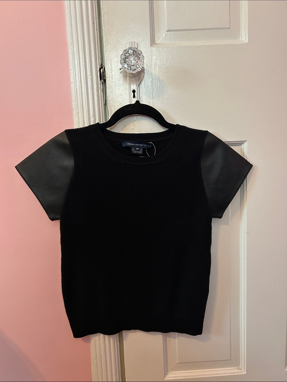 French Connection Black Short Sleeve Knit Top with Faux Leather Sleeves